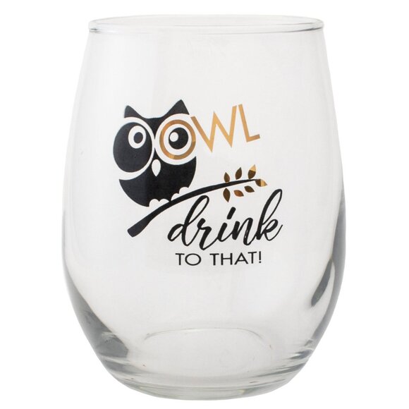 Owl Drink To That Stemless Wine Glass, 15 oz, Owl Lover, Owl Pun Funny Wine Glas - Picture 1 of 3